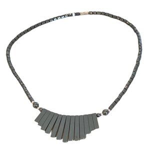 Vintage Hematite Bars 20" Necklace, Dark Blackish Grey, Gold Barrel Closure